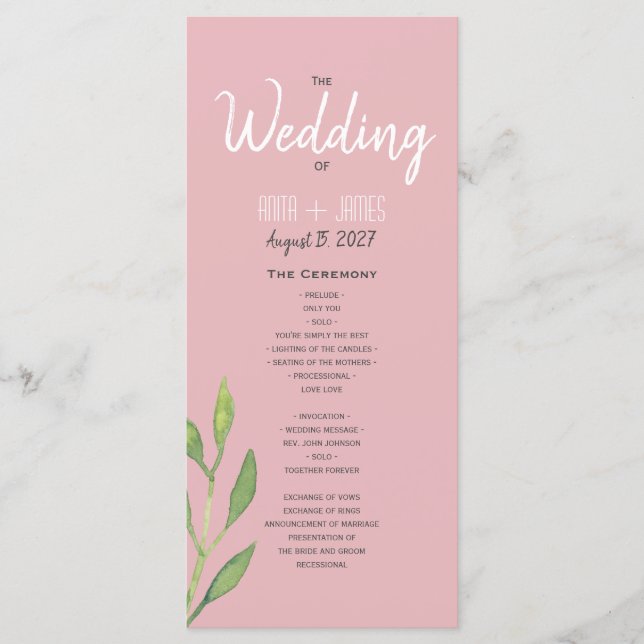 Simple Pink Wedding Program Programme (Front)