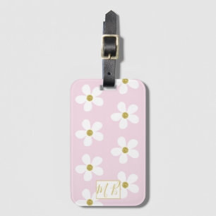 Simple Pink White Daisy Gold Monogram Travel Luggage Tag