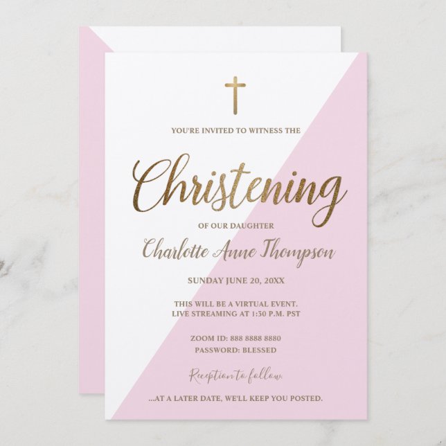 Simple Pink White Gold Cross Virtual Christening  Invitation (Front/Back)
