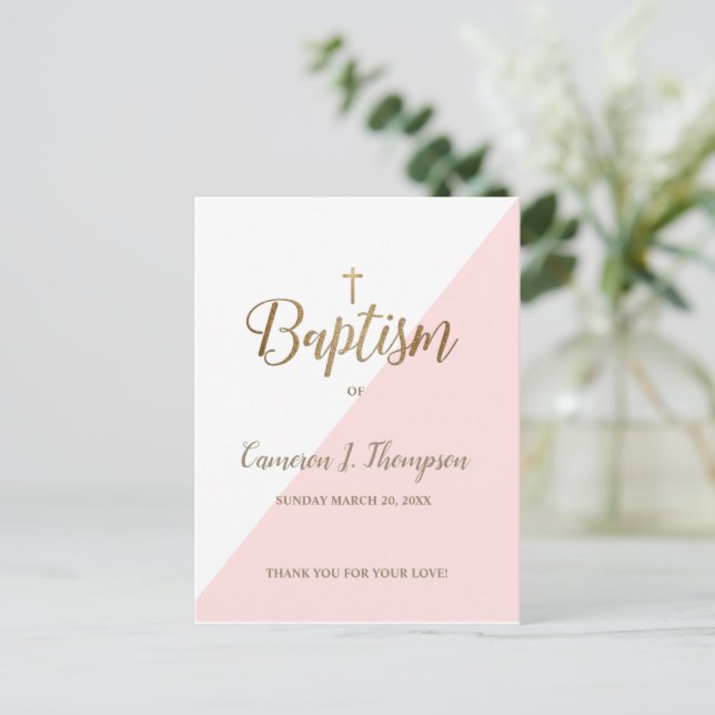 Simple Pink White Gold Modern Baptism Invitation Postcard (Standing Front)