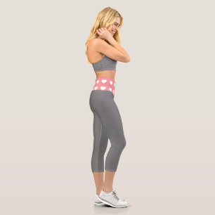 Simple Pink White Heart  Grey Capri Leggings