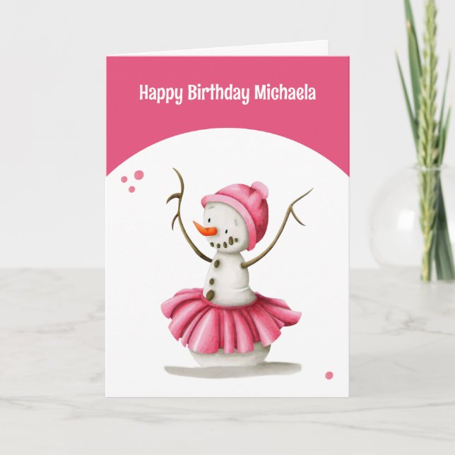 Simple Pink Winter Ballerina Snowman Girl Birthday Card (Front)