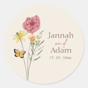 Simple Pink Yellow Wildflower Whimsical Wedding Classic Round Sticker