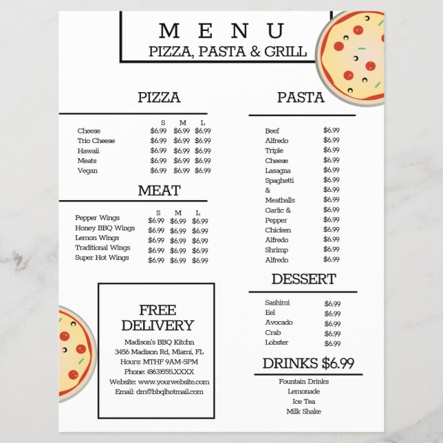 Simple Pizza Pasta Grill Restaurant Spaghetti Menu (Front)