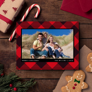 Simple Plaid Modern Family Photo Christmas Holiday Card