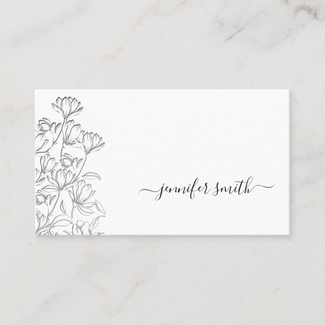 Simple Plain Black and White Flower Drawing Floral Business Card (Front)