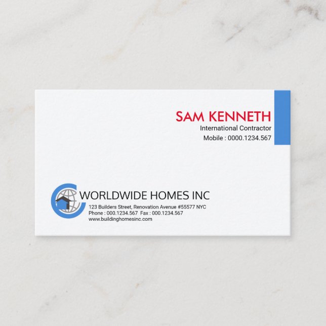 Simple Plain Blue Global International Contractor Business Card (Front)