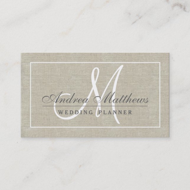 Simple Plain Chic Beige Linen Texture Monogram Business Card (Front)
