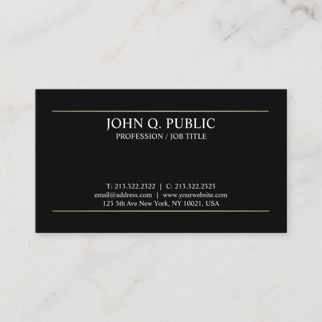 Simple Plain Gold Stripes Modern Black Elegant Business Card (Front)