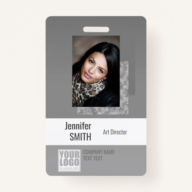 Simple Plain Grey Logo Barcode ID Photo Template ID Badge (Front)
