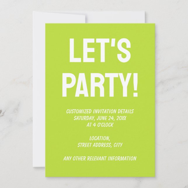 Simple plain solid colour bright acid green lime invitation (Front)