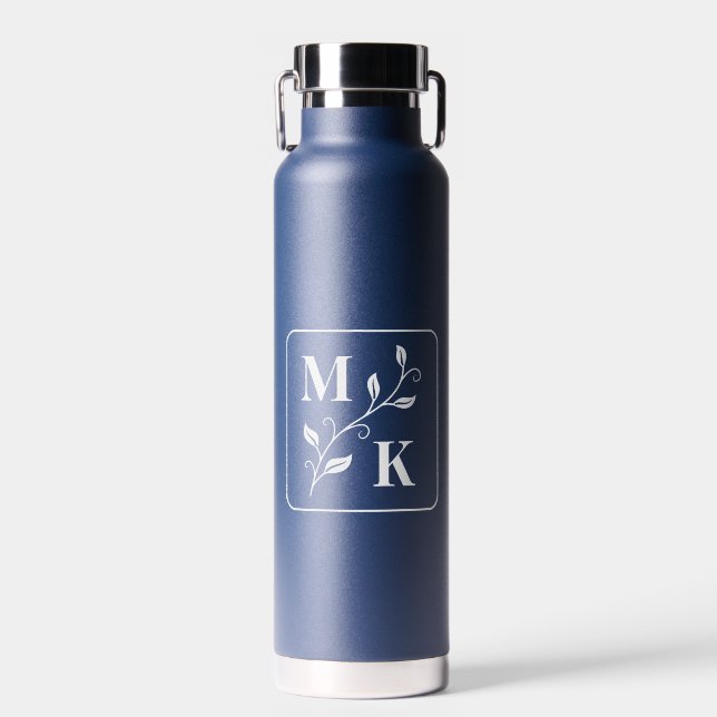 Simple Plant Monogram Initials Water Bottle (Front)