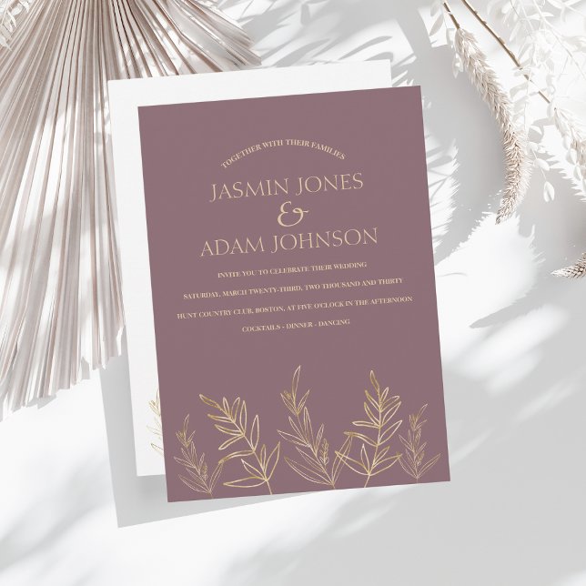 Simple Plum Purple and Gold Leaves Wedding Invitation (Creator Uploaded)