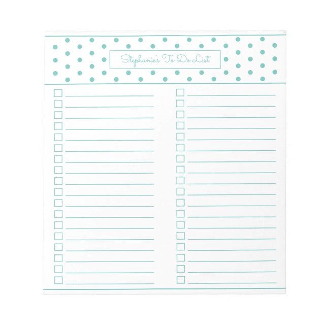 Simple Polka Dot AquaTwo Column Checklist Notepad (Front)