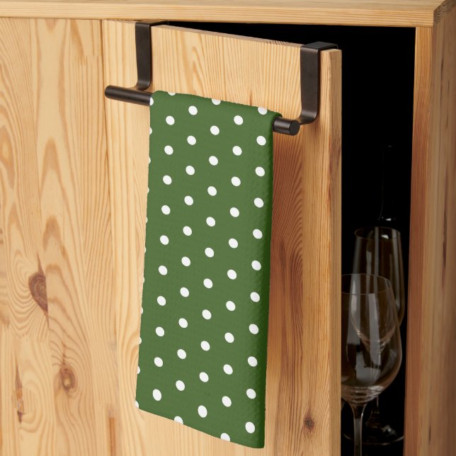 Simple Polka Dot Dark Forest Green and White Tea Towel (Thirds Fold)