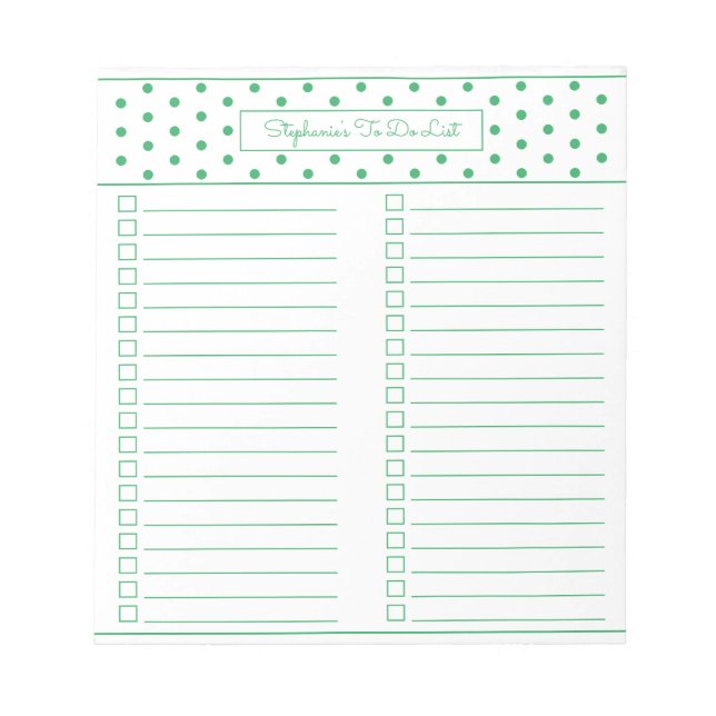 Simple Polka Dot Green Two Column To Do Checklist Notepad (Front)