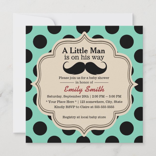 Simple Polka Dots Moustache Little Man Baby Shower Invitation (Front)