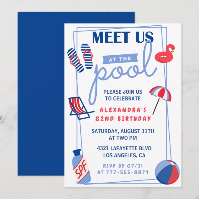 Simple Pool Party 82nd birthday invitations  (Front/Back)