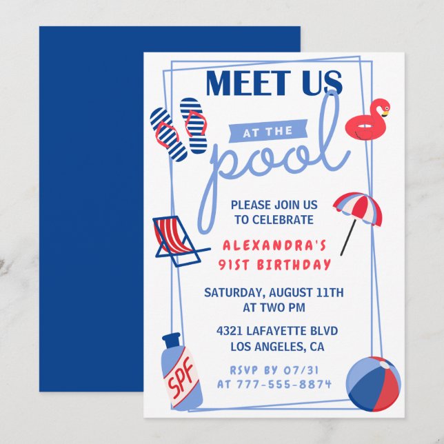 Simple Pool Party 91st birthday invitations  (Front/Back)