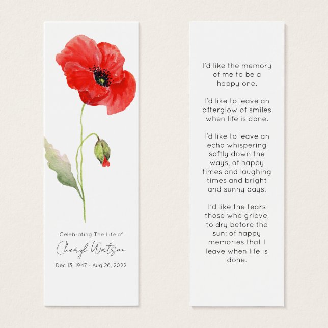 Simple Poppy Funeral Memorial Bookmark (Front & Back)