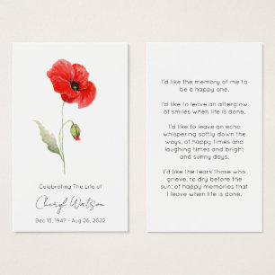 Simple Poppy Funeral Memorial Prayer Card