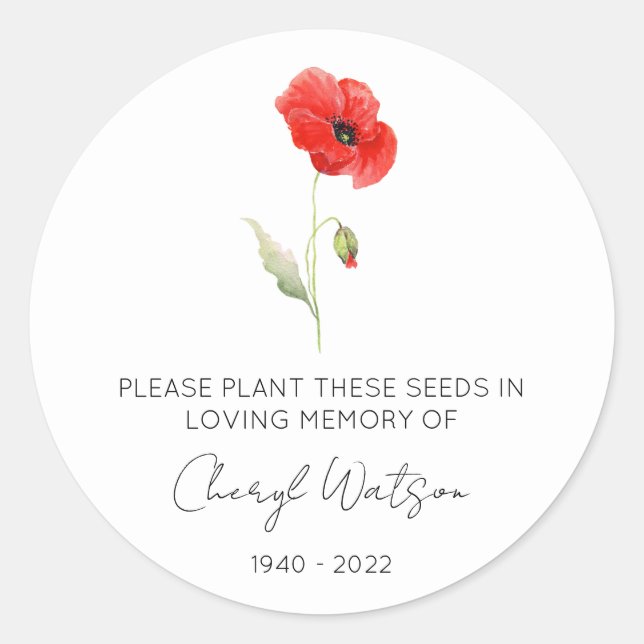 Simple Poppy Memorial Seed Packet Classic Round Sticker (Front)