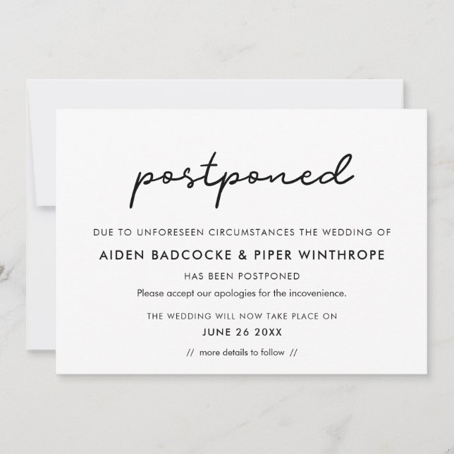 Simple Postponed New Date announcement card (Front)