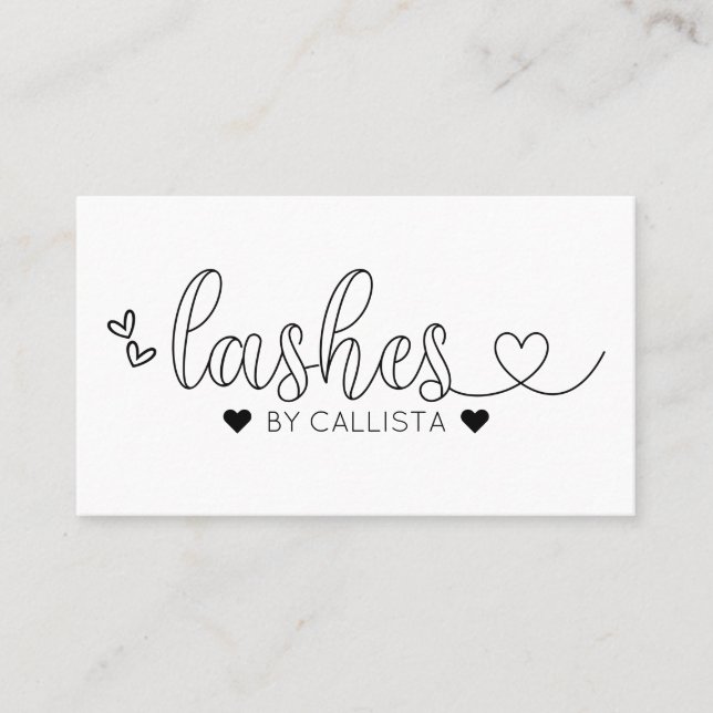 Simple Pretty Black White Hearts Typography Lashes Business Card (Front)