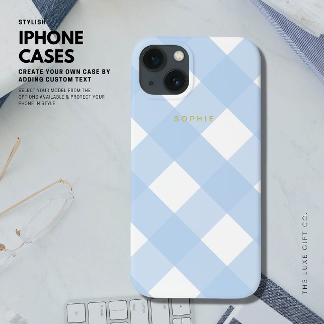 Simple Pretty Classic Blue Gingham Gold Monogram Case-Mate iPhone Case (Creator Uploaded)