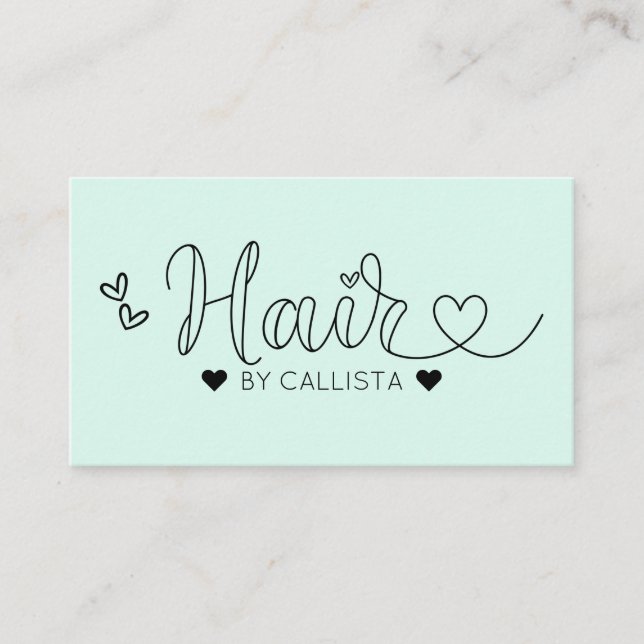 Simple Pretty Mint Green Hearts Typography Hair Business Card (Front)
