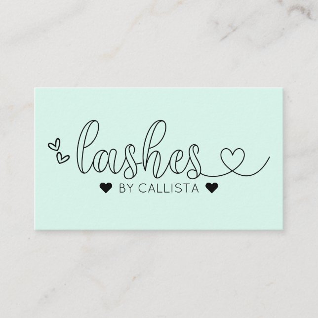 Simple Pretty Mint Green Hearts Typography Lashes Business Card (Front)