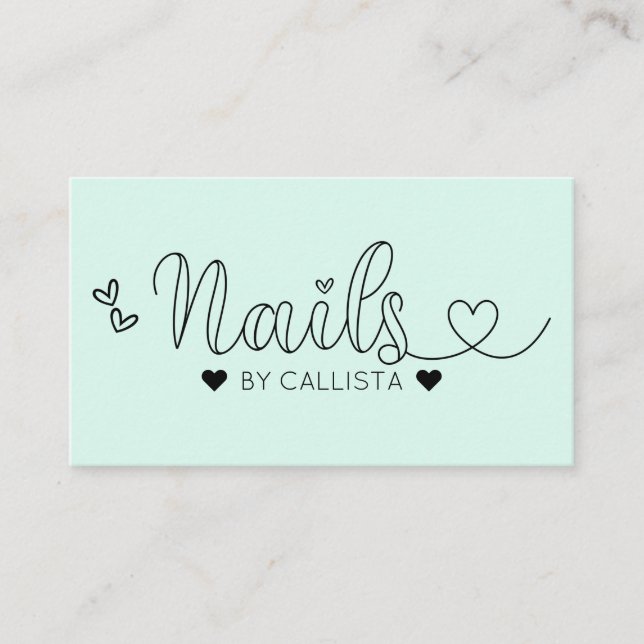 Simple Pretty Mint Hearts Typography Nail Tech Business Card (Front)