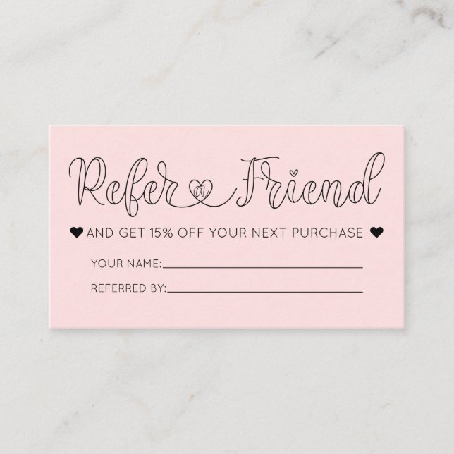 Simple Pretty Pink Hearts Typography Referral Business Card (Front)