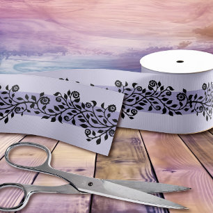 Simple Pretty Swirly Floral Pattern Purple Black Grosgrain Ribbon