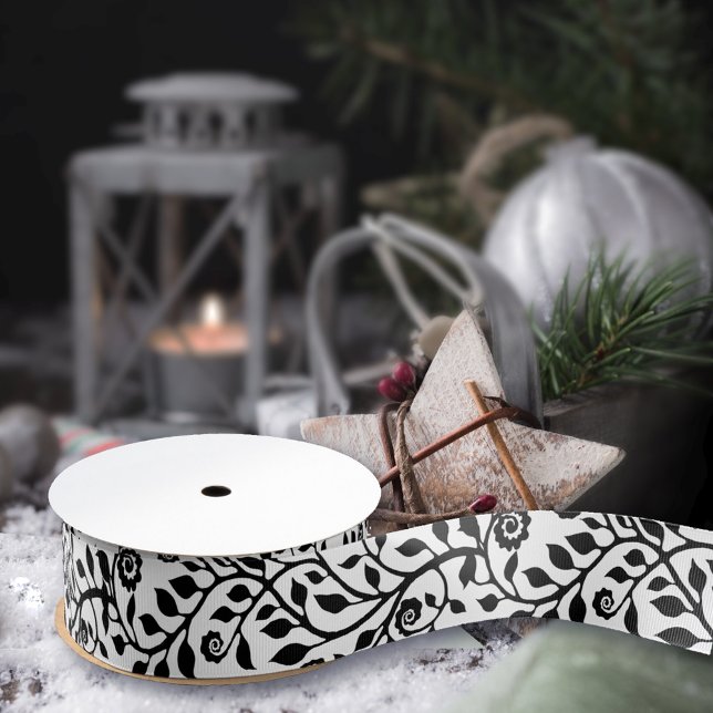 Simple Pretty Swirly Floral Print Chic Black White Grosgrain Ribbon (Creator Uploaded)