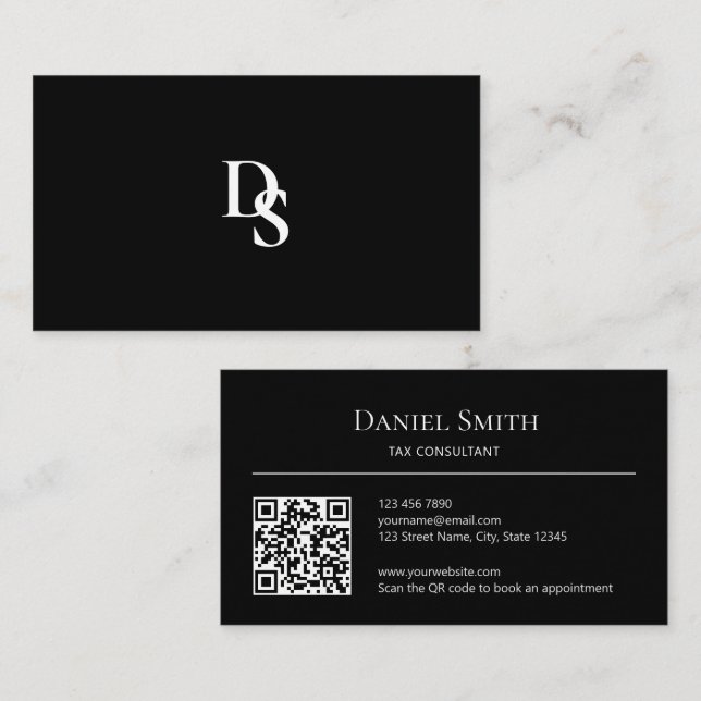 Simple Professional Black Monogram QR Code Business Card (Front/Back)