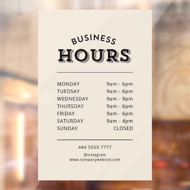Simple Professional Black on Beige Business Hours Window Cling (Sheet 2)