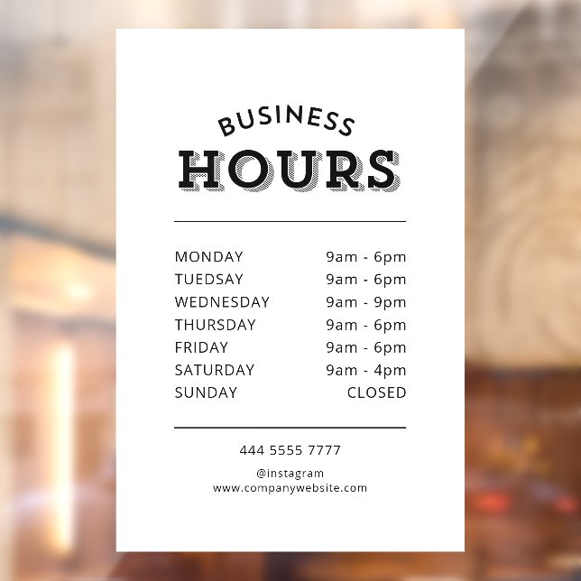Simple Professional Black on White Business Hours Window Cling (Sheet 2)