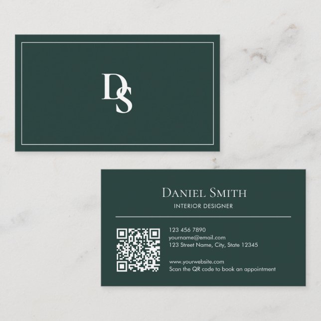 Simple Professional Dark Green Initials QR Code Business Card (Front/Back)