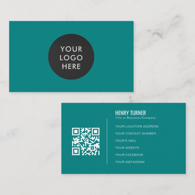 Simple Professional Logo QR Code Teal Company Business Card (Front/Back)