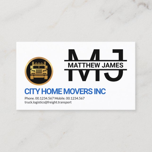 Simple Professional Monogram Gold Truck Business Card (Front)