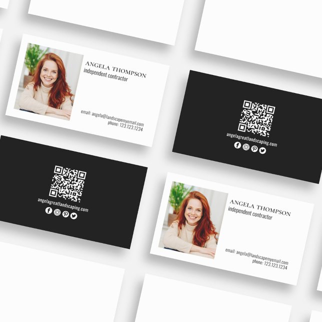 Simple Professional QR Code Photo Black Business Card (Simple business card with photo and QR Code. )