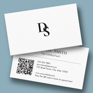 Simple Professional White with Initials QR Code Business Card