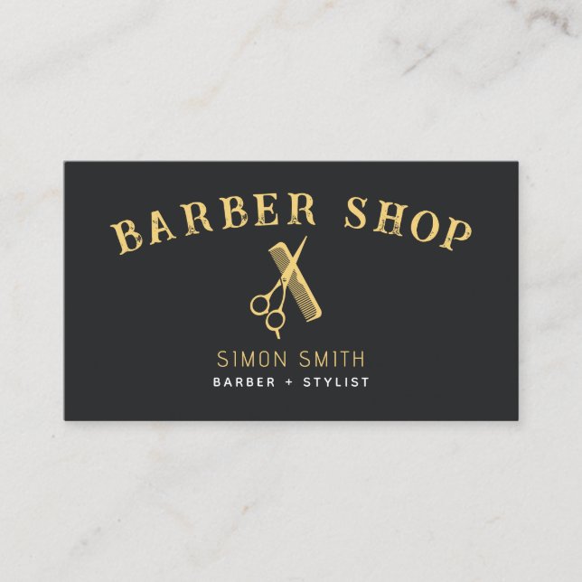 Simple professsional Barber Gold effect Business Card (Front)