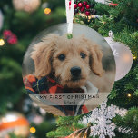Simple Puppy 'My First Christmas' Photo Keepsake  Glass Tree Decoration<br><div class="desc">Create a pet's first christmas ornament with this simple modern template. Design features a photo of your puppy or kitten,  a white overlay banner with the text 'MY FIRST CHRISTMAS' and the pet's name.</div>