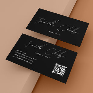 Simple Pure Black Handwritten Script QR code Business Card