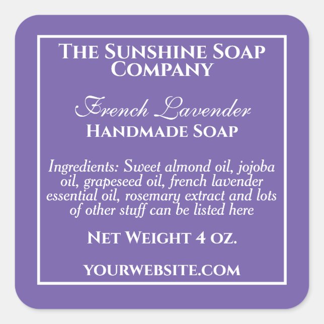 Simple purple and white soap cosmetics label (Front)