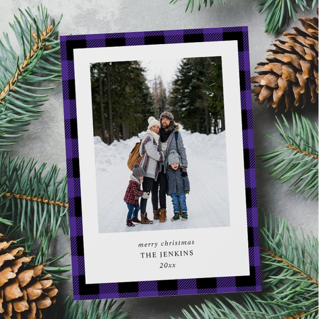 Simple Purple Black Plaid  2 Photos Christmas Holiday Card (Creator Uploaded)