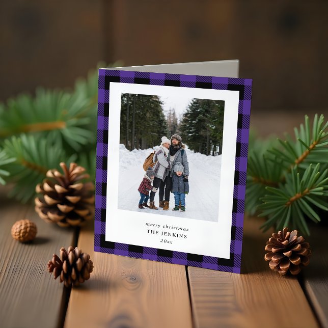 Simple Purple Black Plaid Border 3 Photo Christmas Holiday Card (Creator Uploaded)