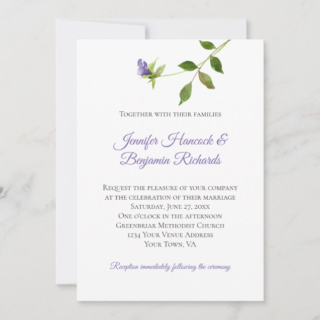 Simple Purple Blossom Green Leaf Stem Wedding Invitation (Front)